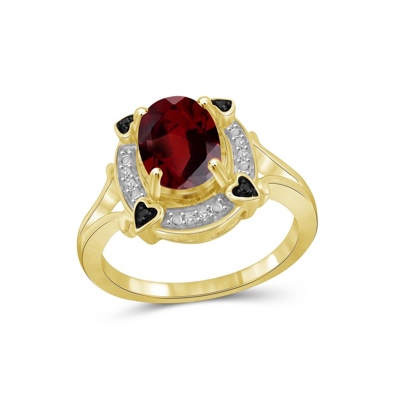 Genuine Garnet Cluster Ring with Black & White Diamonds - 14K Gold Plated Silver, Size 6