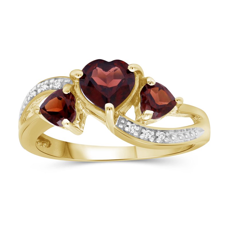 Gold Plated Silver Garnet Ring with White Diamond Accents – Heart Design Jewelry