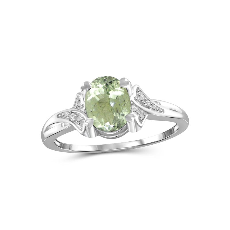 Green Amethyst Birthstone Ring with White Diamonds Sterling Silver Jewelry