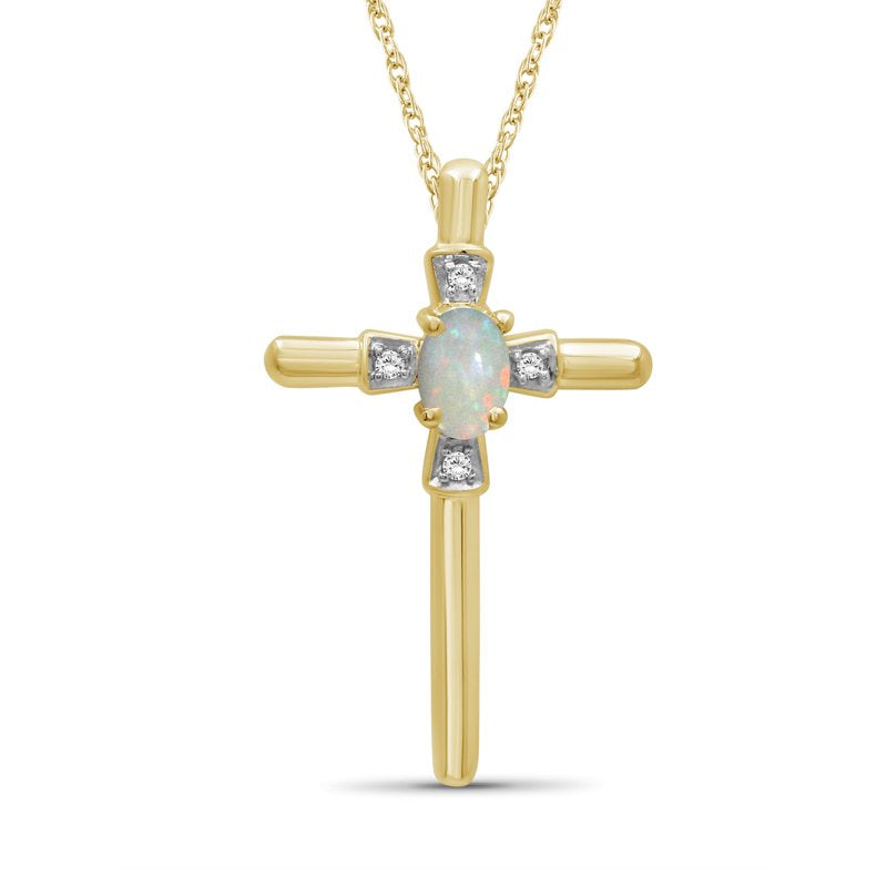 14K Gold Over Silver Cross Necklace for Women with Opal & White Diamond Accents