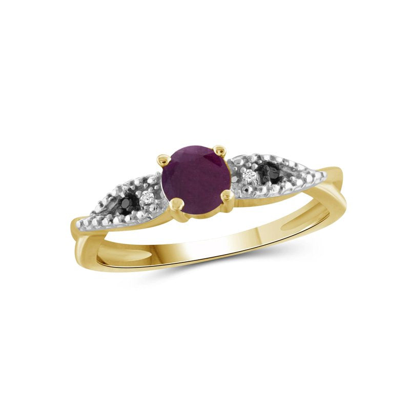 Genuine Ruby Birthstone Engagement Ring 14K Gold Plated Silver with Black & White Diamonds