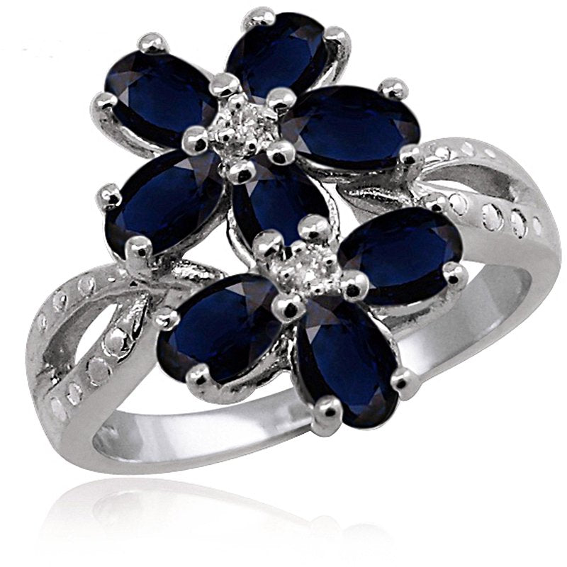 Sterling Silver Sapphire Birthstone Ring with White Diamond Accent, Hypoallergenic Jewelry for Women