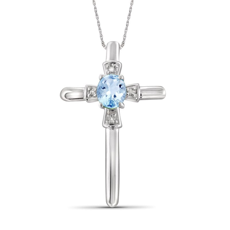Sterling Silver Sky Blue Topaz Cross Necklace with White Diamond Accents - Hypoallergenic Pendant for Women