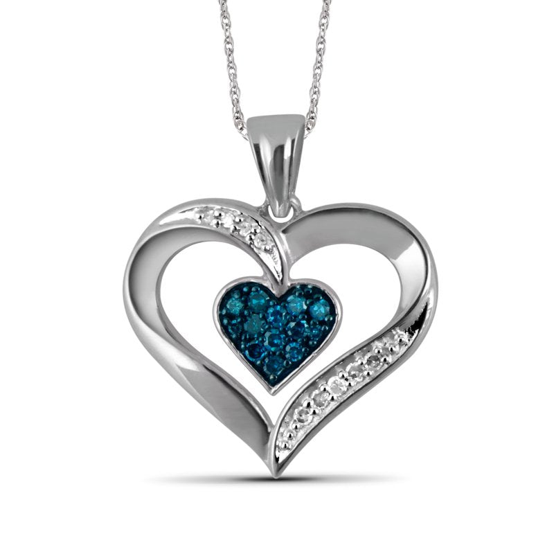 Sterling Silver Heart Necklace with White Diamonds - 1/5 Carat Pendant for Women, 18 Inch Rope Chain