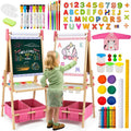 Kids Art Easel with Whiteboard & Chalkboard, Adjustable Wooden Dual-Sided Craft Station