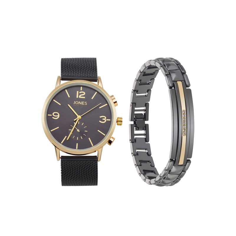 Men's Analog Watch and Bracelet Set - Black Tone Metal 42mm