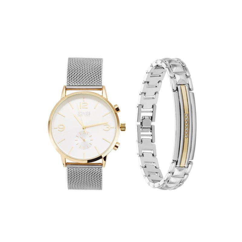 Men's Silver Tone Watch and Bracelet Set - 42mm Analog Jewelry