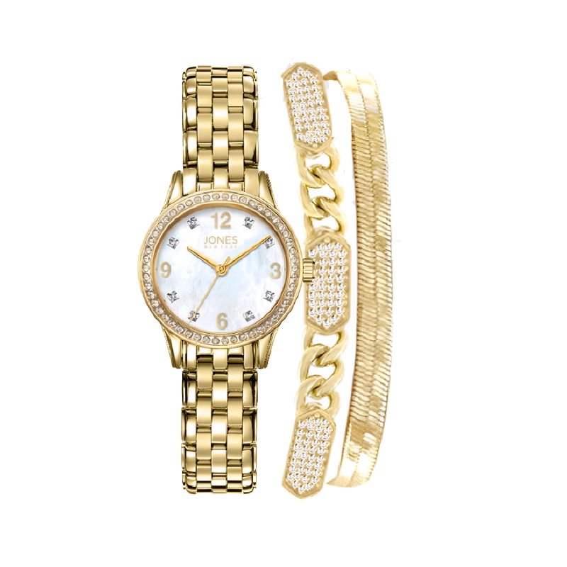 Women's Gold Tone Analog Watch with Stackable Bracelets Set - Elegant Fashion Accessory
