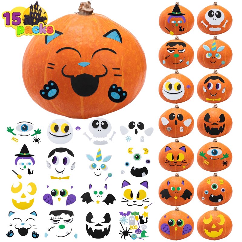 Joyfy 15 Pack Halloween Foam Pumpkin Decorating Stickers - 15 Designs, Jack O Lantern Face Craft Kit for Kids