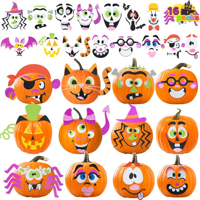Joyfy 16 Pack Halloween Foam Pumpkin Decorating Kit - 16 Designs, Kids Party Favors