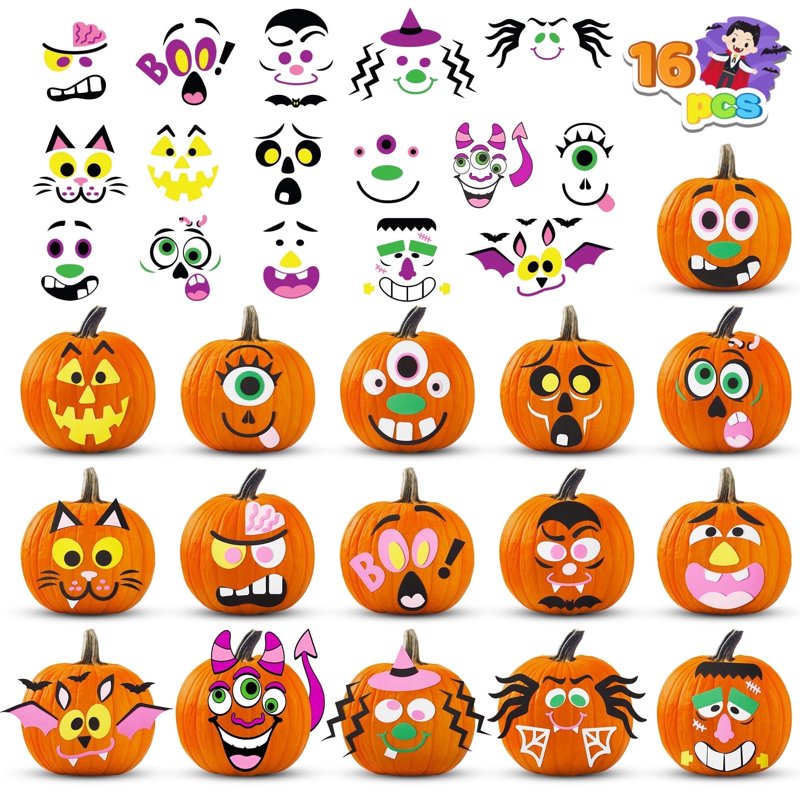 Halloween Pumpkin Foam Stickers Craft Kit - 16 Designs, 18 Sheets Kids Party Favors