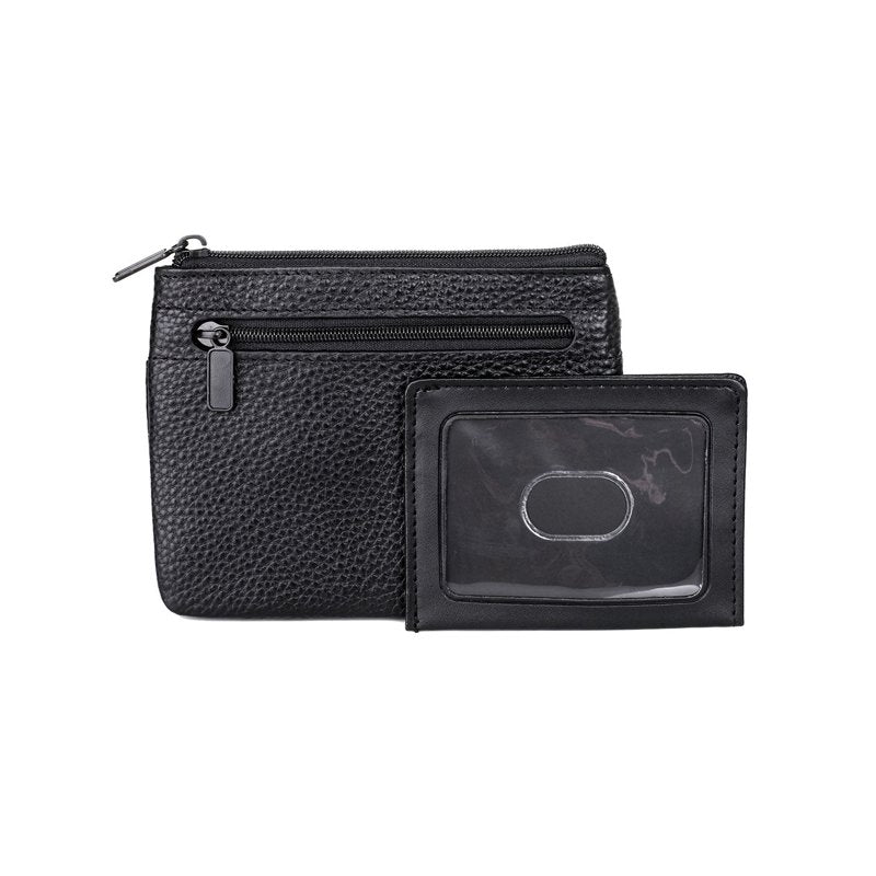 Women's Leather ID Coin Card Case with Zipper & Card Slots - Black, Red