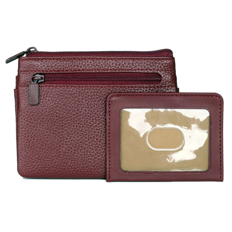 Women's Leather ID Coin Card Case with Zipper & Card Slots - Red