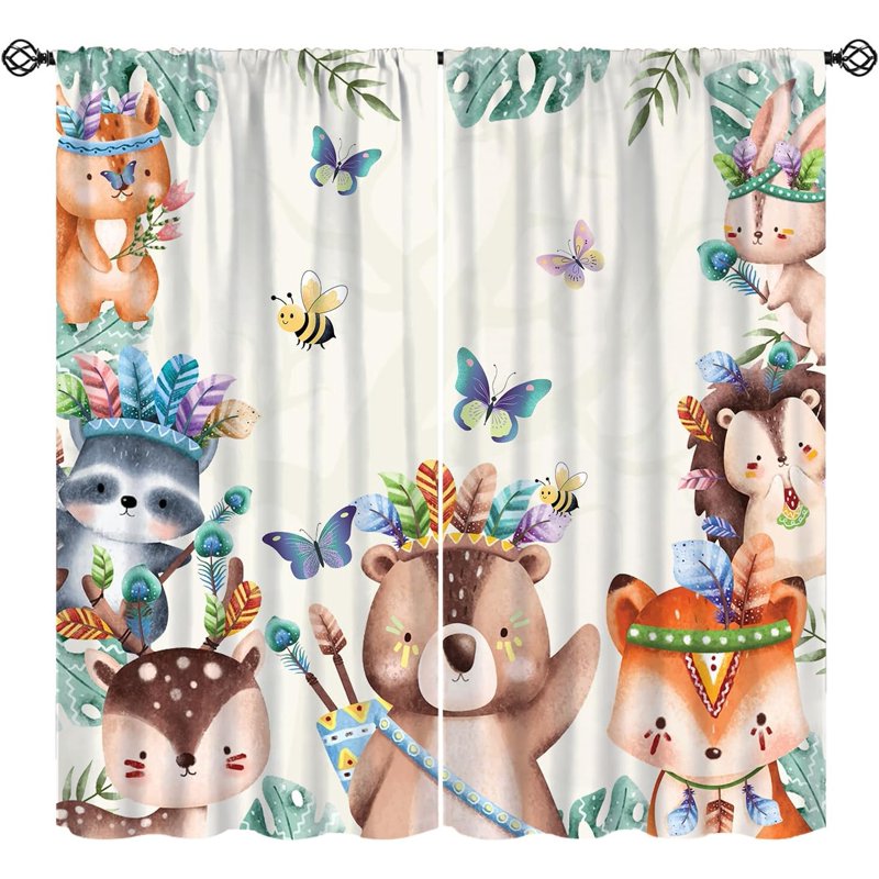 Kids Jungle Safari Curtain Set with Cartoon Forest Animals - Thermal Insulated Window Drapes for Children’s Bedroom and Nursery