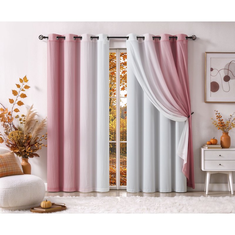 Blackout & Sheer Curtain Set - Pink Ombre, Energy Efficient, 4 Panels