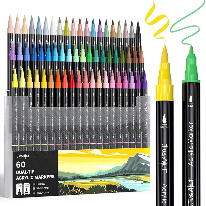 JusArt 60 Colors Dual Tip Acrylic Paint Pens – Black Barrel, Brush & Fine Tip