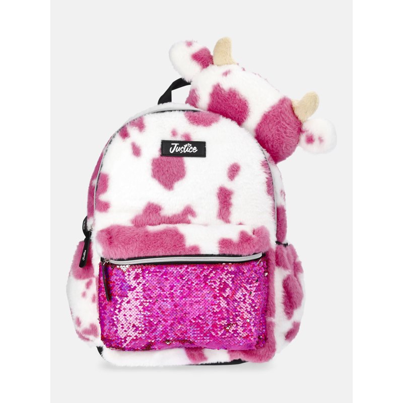 Girls 17-Inch Plush Cow Backpack with Sequin Details and 3D Head