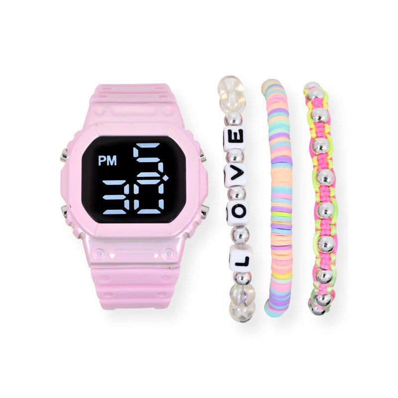 Kids Watch with Pink Silicone Strap & Bracelets 4-Piece Set for Tween & Children