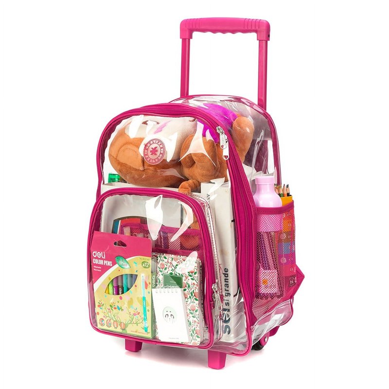 Clear PVC Rolling Backpack with Hot Pink Trim - Unisex Tween-Adult School Bag