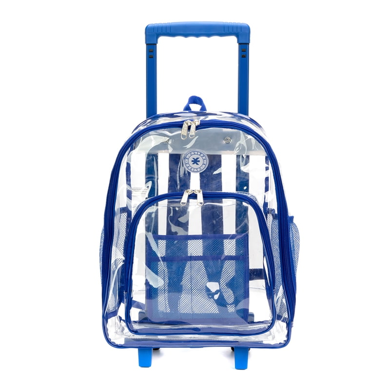 Heavy Duty Clear Wheeled Backpack with Tuckable Straps - 17x13.5x7 Inches