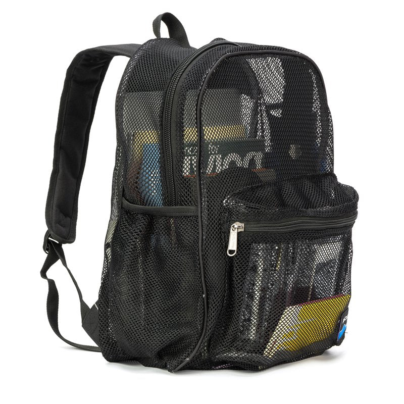 Unisex Mesh School Backpack with Large Zipper & Side Pockets - Black, Navy, White, Royal