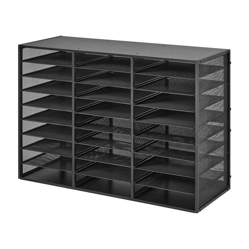 27-Compartment Metal Literature Organizer with Removable Wire Mesh and Wooden Top for Office and Home