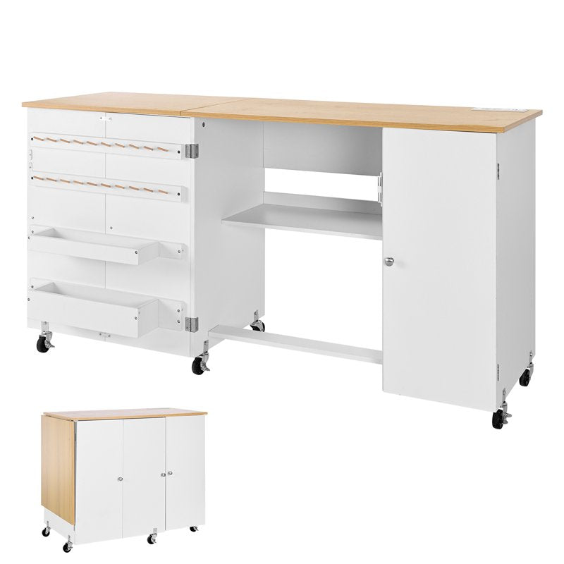 Foldable Sewing Table with Storage, Charging Ports & Wheels - Home Craft Desk