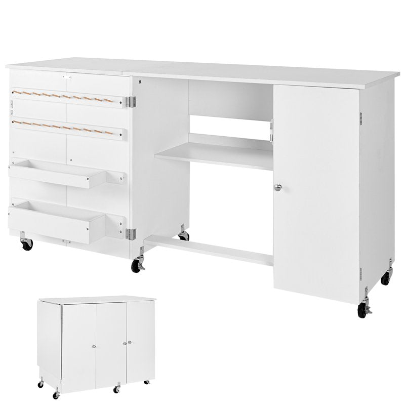 Foldable Sewing Table with Storage Cabinet and Wheels - Craft Workspace