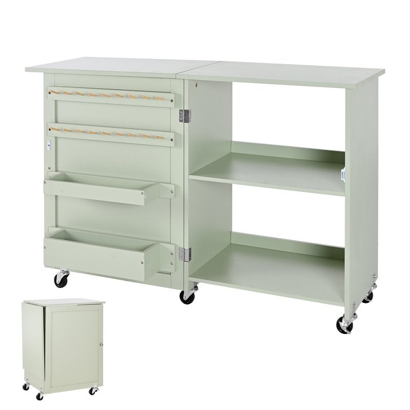 Foldable Sewing Table with Storage - Compact Craft Workstation, Green