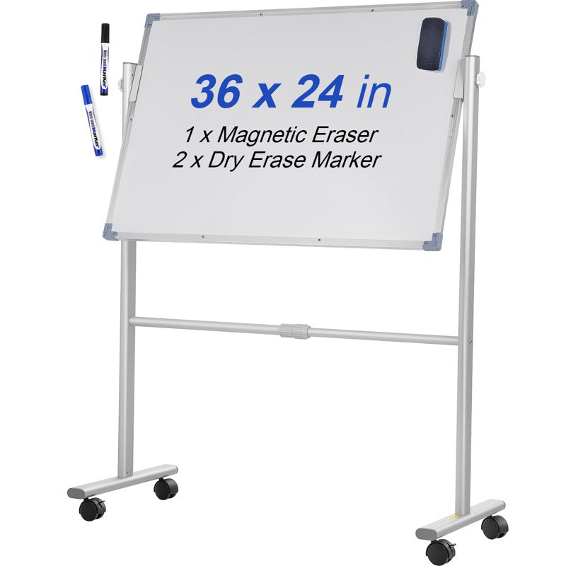 Magnetic Double-Sided Whiteboard with Adjustable Height & Mobility