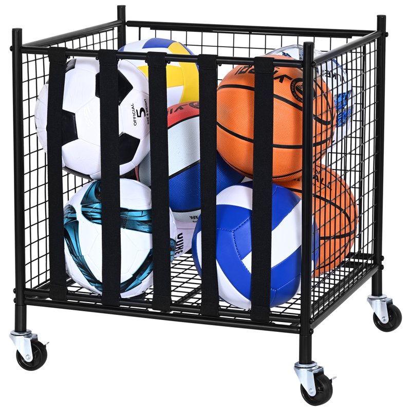 Sports Ball Storage Cart with Steel Frame, 4 Swivel Wheels & Elastic Door
