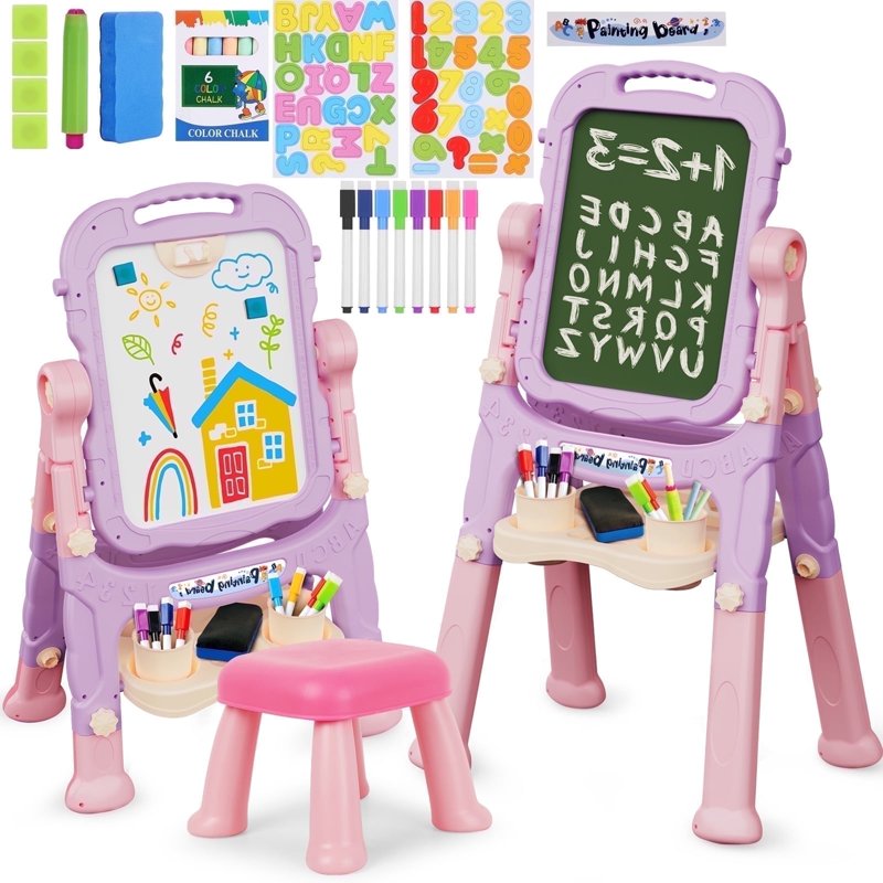 Kids Adjustable Double-Sided Art Easel with Chair, Whiteboard & Chalkboard Set