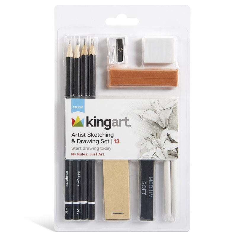 13-Piece Sketching and Drawing Kit with Pencils Charcoal Pastels Blending Tools