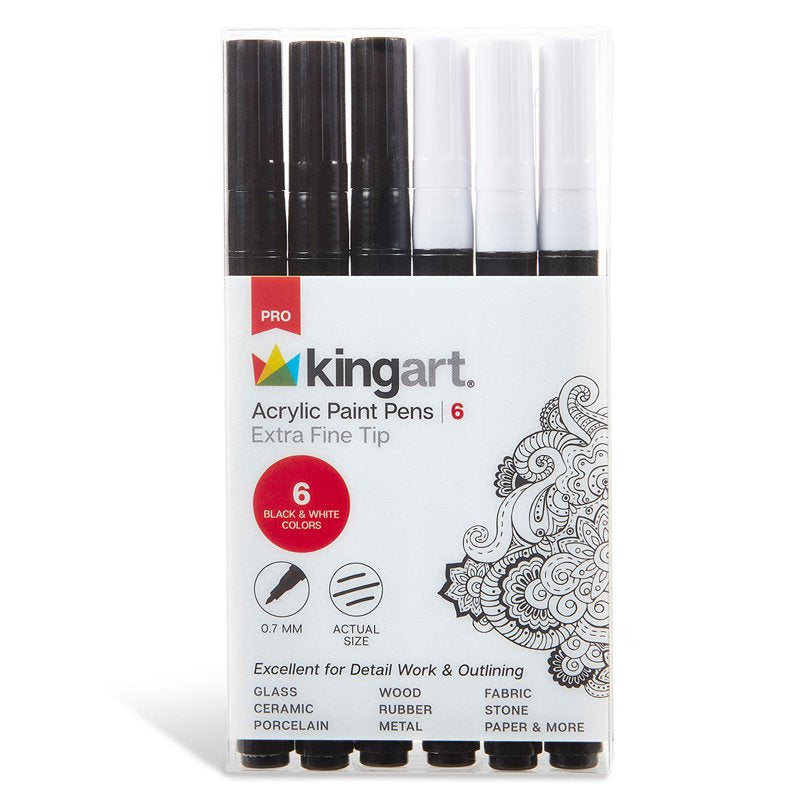 Extra Fine Point Acrylic Paint Markers Set of 6 – Black & White Art Pens for Surfaces