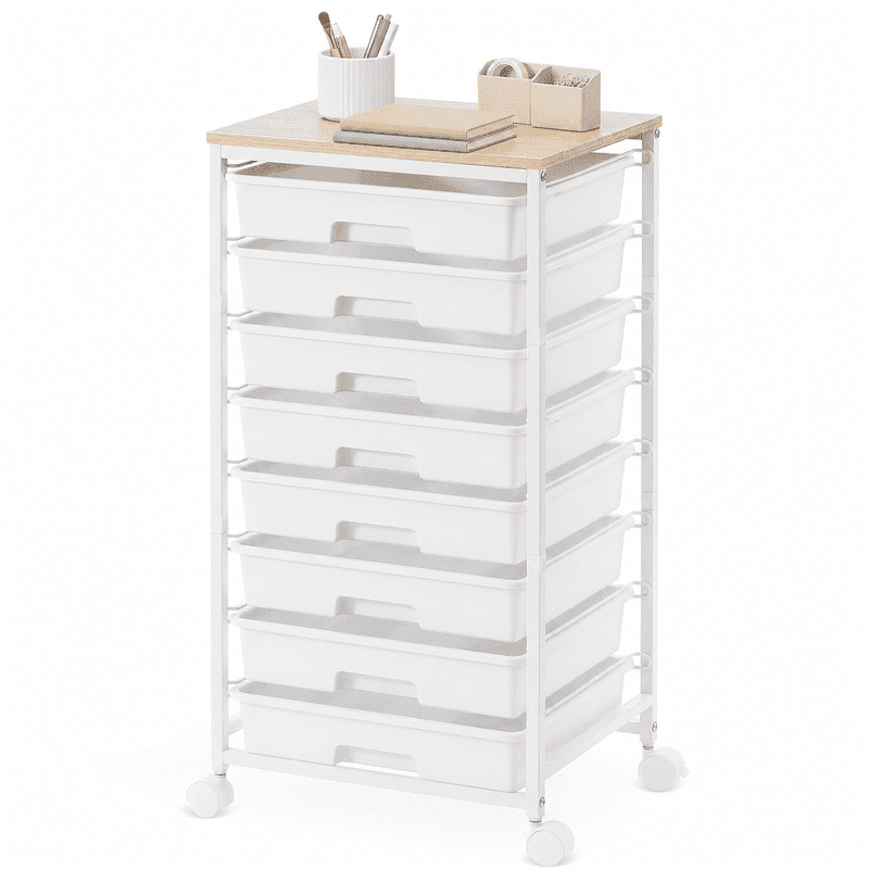 Rolling Drawer Storage Cart with 8 Removable Drawers and Wooden Top