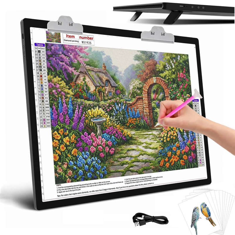 A3 Light Box for Tracing & Diamond Painting with Rechargeable Battery, 3 Colors, 6-Level & Stepless Dimming, Built-in Stand
