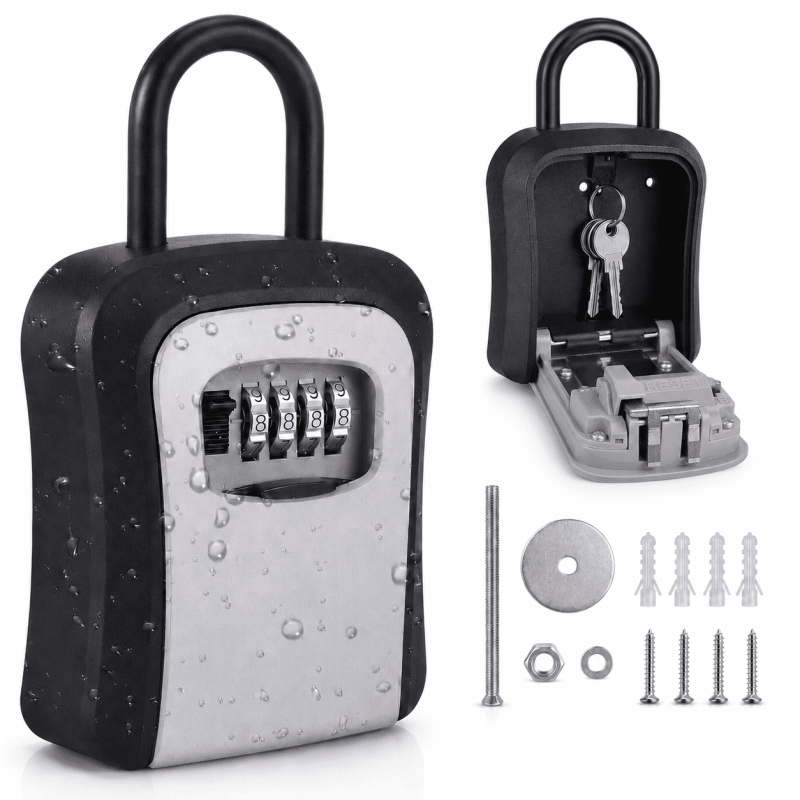 Weatherproof Key Lock Box with Resettable 4-Digit Code for Outdoor Security - Holds 5 Keys