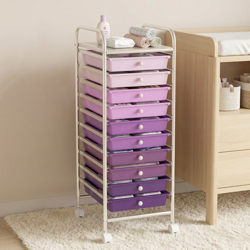 10-Drawer Rolling Storage Cart with Casters - Purple Home & Office Organizer