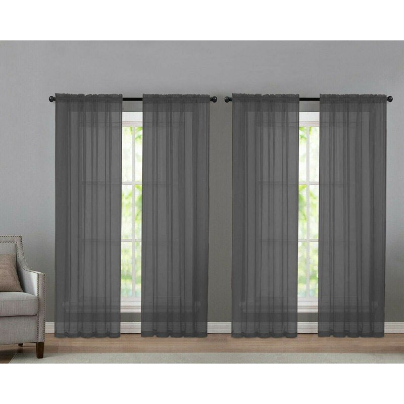 Gray Sheer Curtains 52x84 Inches - 4 Panel Rod Pocket Window Drapes