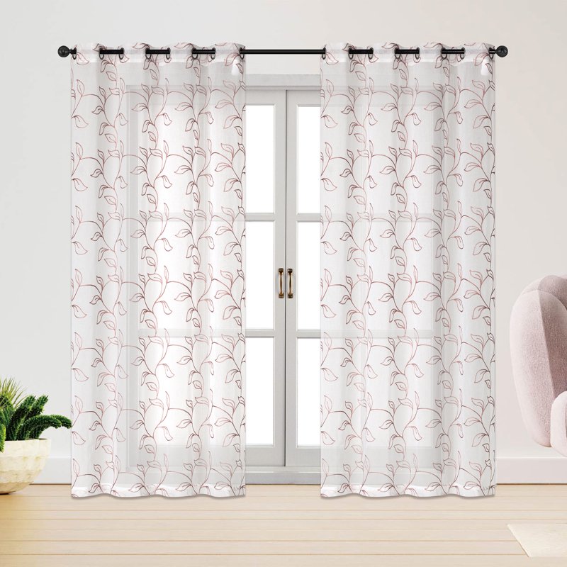 Floral Embroidered Grommet Window Curtain Panel - 54x84 Inches, Multiple Colors