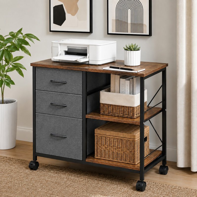 Rolling File Cabinet with Adjustable Shelves 3 Fabric Drawers Lockable Wheels