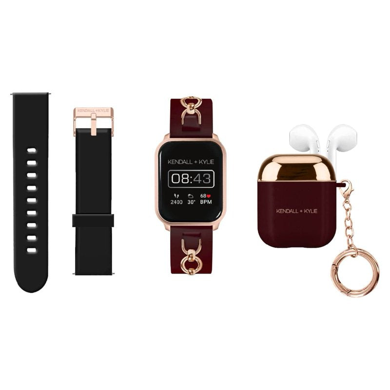 Smartwatch with Extra Strap & Wireless Earbuds - Burgundy