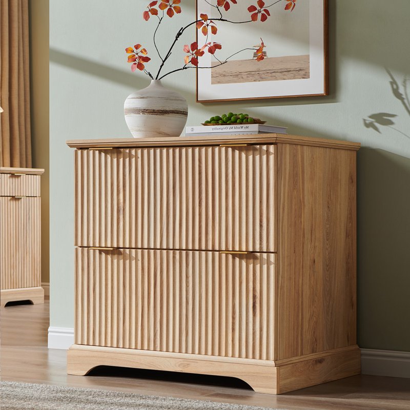 Lateral Filing Cabinet with Charging Station - Modern Fluted Wood Office Storage