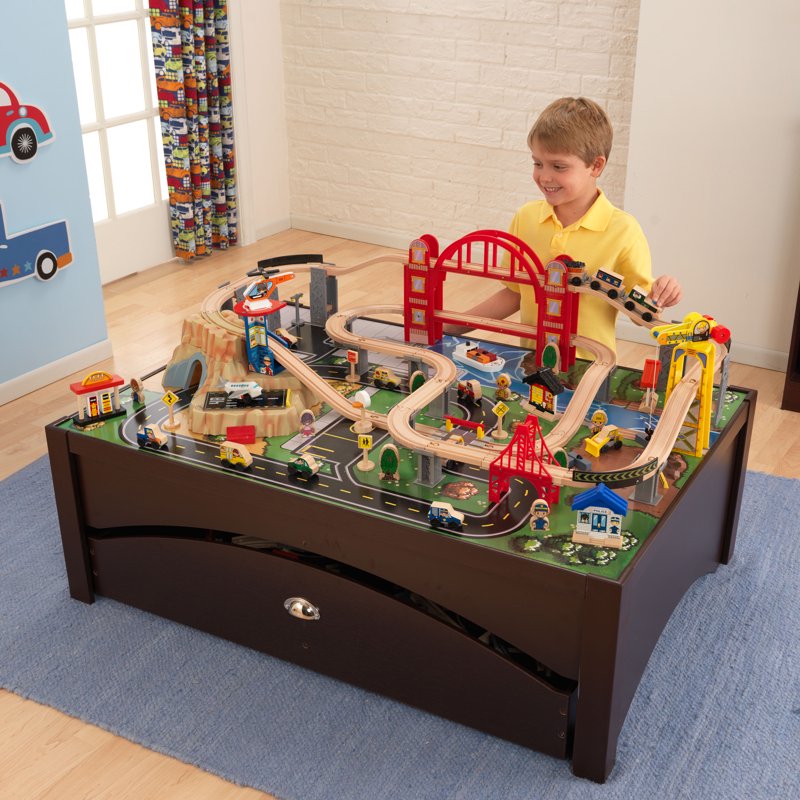 Wooden Train Set & Table with 100 Pieces Storage Drawer Kids Play
