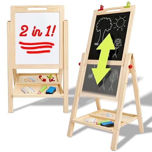 Kids Double Sided Art Easel with Whiteboard & Chalkboard, Toddler Craft Table for 2-4 Years