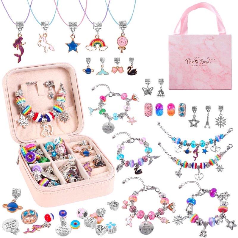 Kids Jewelry Making Kit for Girls, 68 Pcs Craft Set with Bracelets & Charms