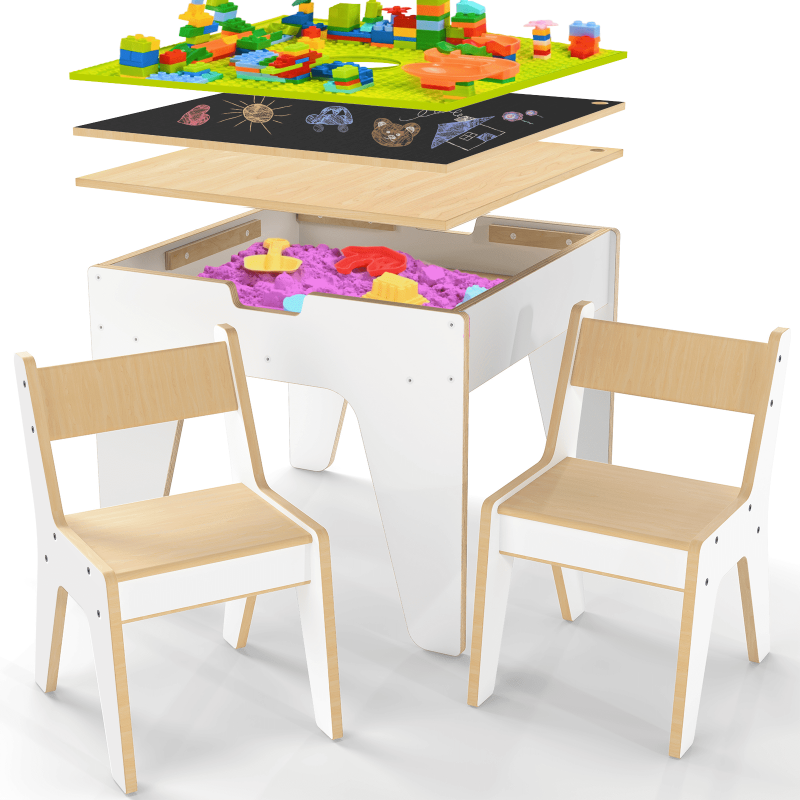 Kids Reversible Wooden Activity Table & Chair Set with Storage and Building Blocks