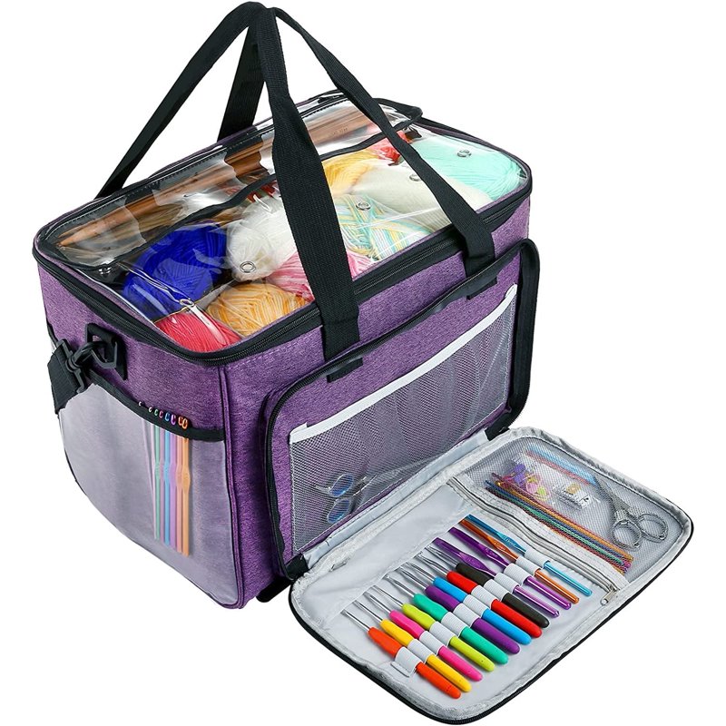 Large Capacity Knitting & Yarn Storage Bag with Pockets - Purple