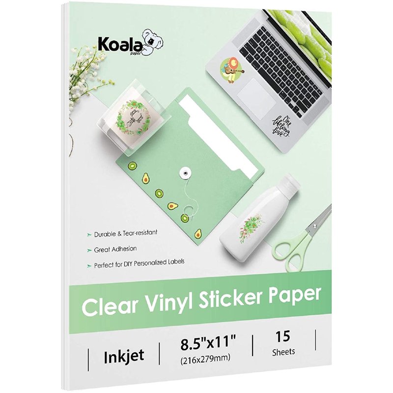 Clear Printable Vinyl Sticker Paper for Inkjet Printers - Waterproof 8.5x11 Inch Sheets