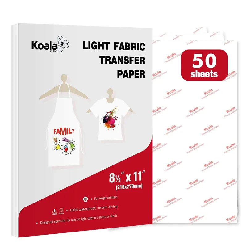 Koala Light T-Shirt Transfer Paper - 50 Sheets Printable Heat Vinyl for Inkjet